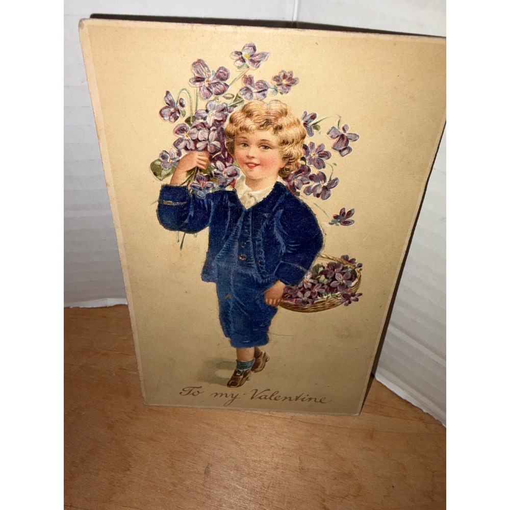Antique 1914 Valentine's Day Postcard – Young Boy with Basket of Violets
